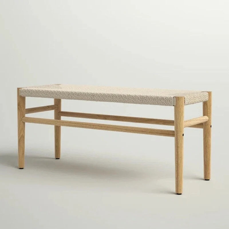 Mieres Boho-Inspired Solid Wood Bench with Woven Rope Seat - Mid-Century Modern Indoor Ottoman with Rubber Wood Legs for Home Office 8