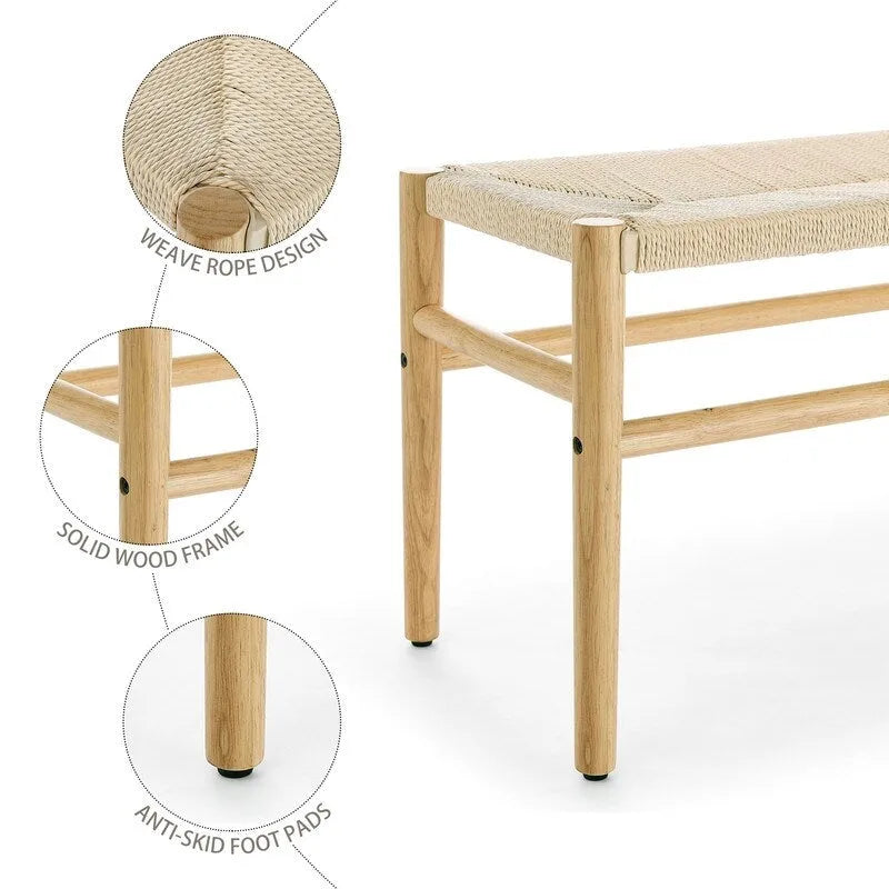 Mieres Boho-Inspired Solid Wood Bench with Woven Rope Seat - Mid-Century Modern Indoor Ottoman with Rubber Wood Legs for Home Office 10