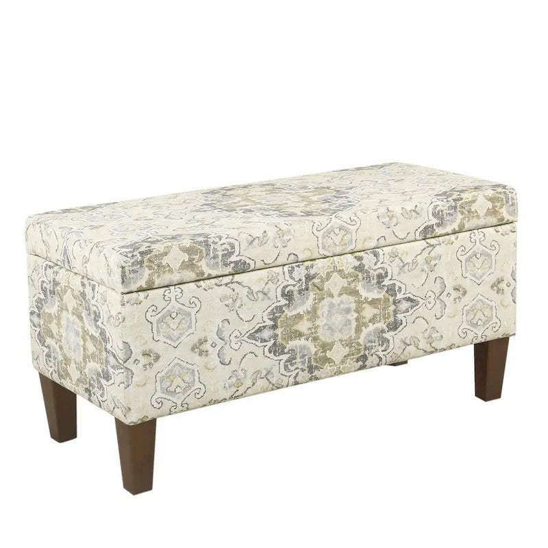 Large Brown and Cream Medallion Print Upholstered Wooden Bench with Hinged Storage 1