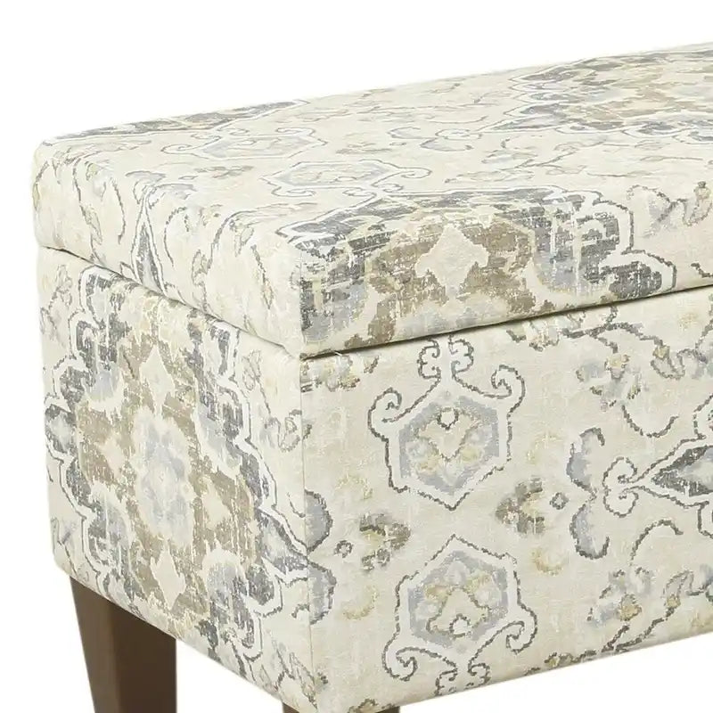 Large Brown and Cream Medallion Print Upholstered Wooden Bench with Hinged Storage 2