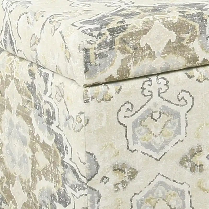 Large Brown and Cream Medallion Print Upholstered Wooden Bench with Hinged Storage 4
