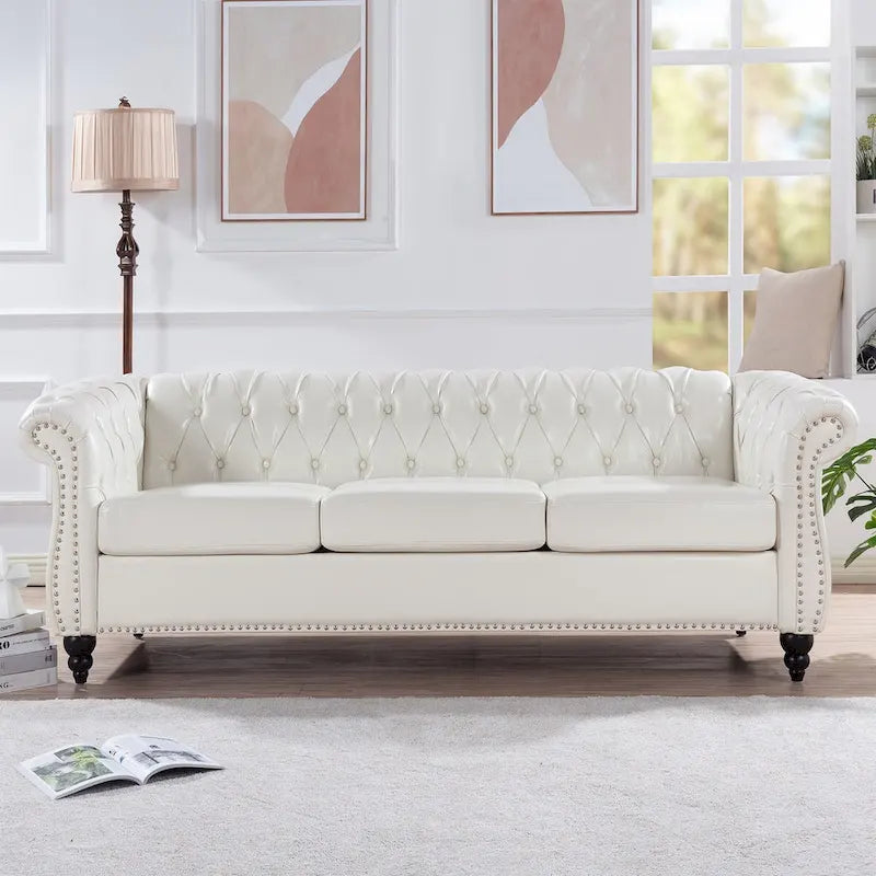 Cream 84.65 Traditional Chesterfield 3-Seater Sofa in PU Leather 1