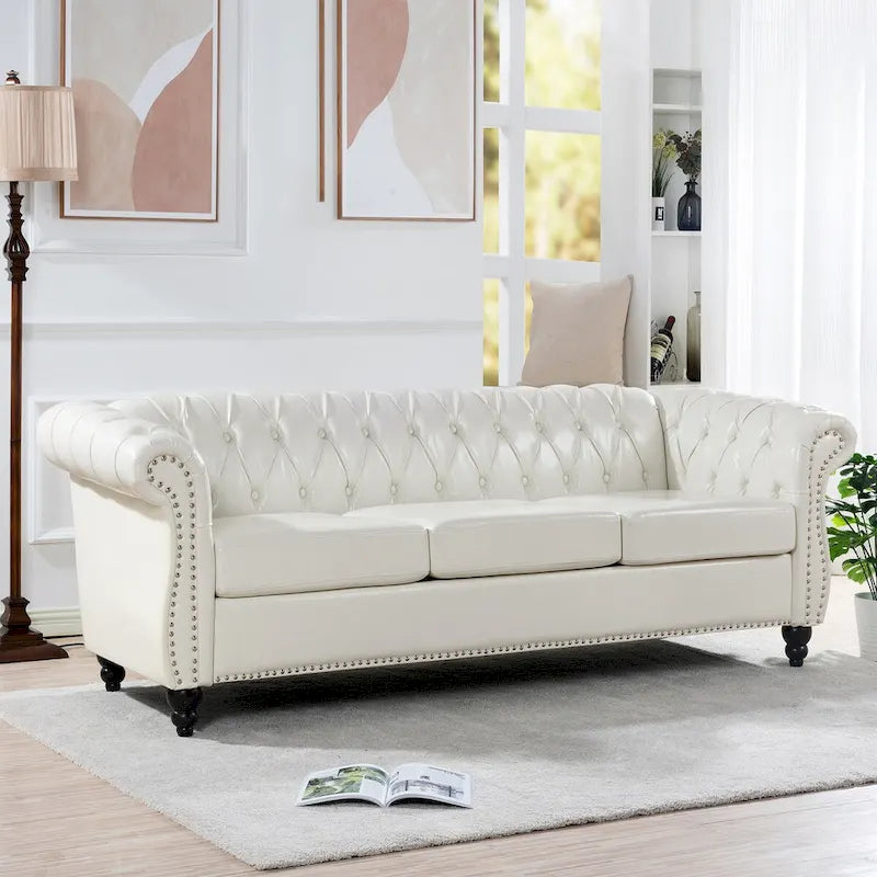Cream 84.65 Traditional Chesterfield 3-Seater Sofa in PU Leather 2