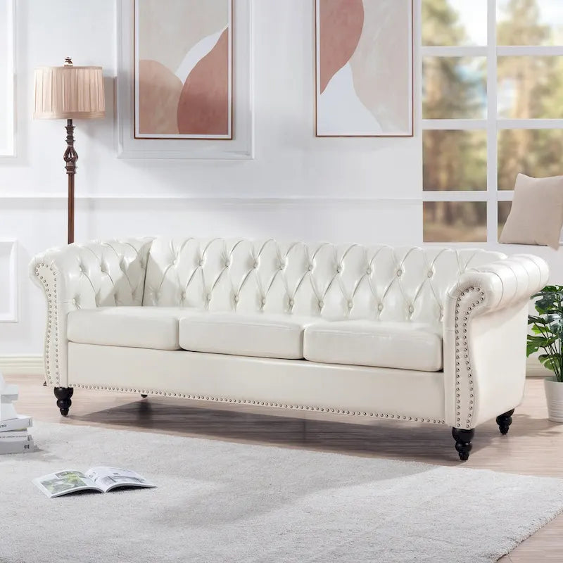 Cream 84.65 Traditional Chesterfield 3-Seater Sofa in PU Leather 3