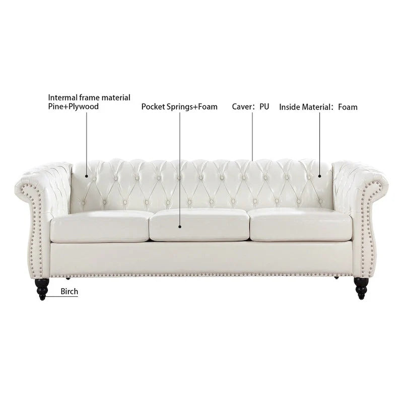 Cream 84.65 Traditional Chesterfield 3-Seater Sofa in PU Leather 10