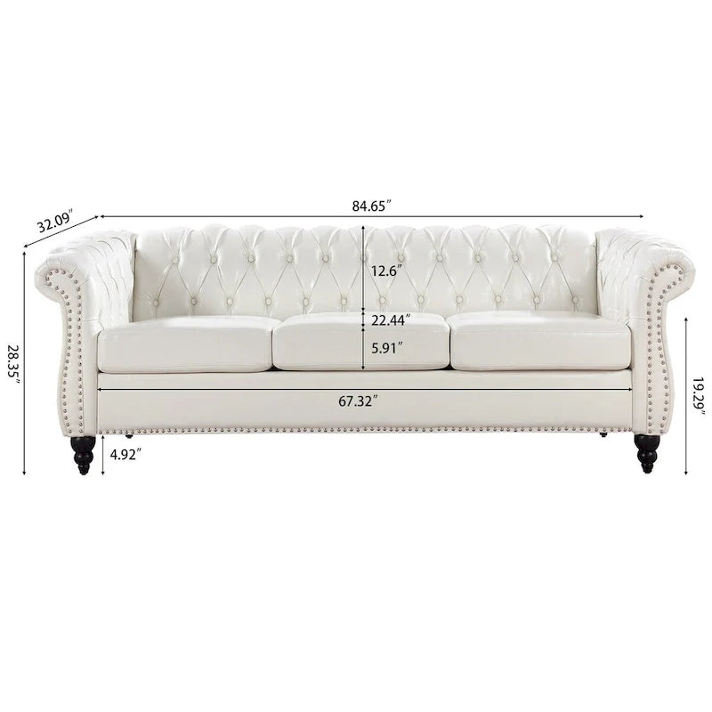 Cream 84.65 Traditional Chesterfield 3-Seater Sofa in PU Leather 11