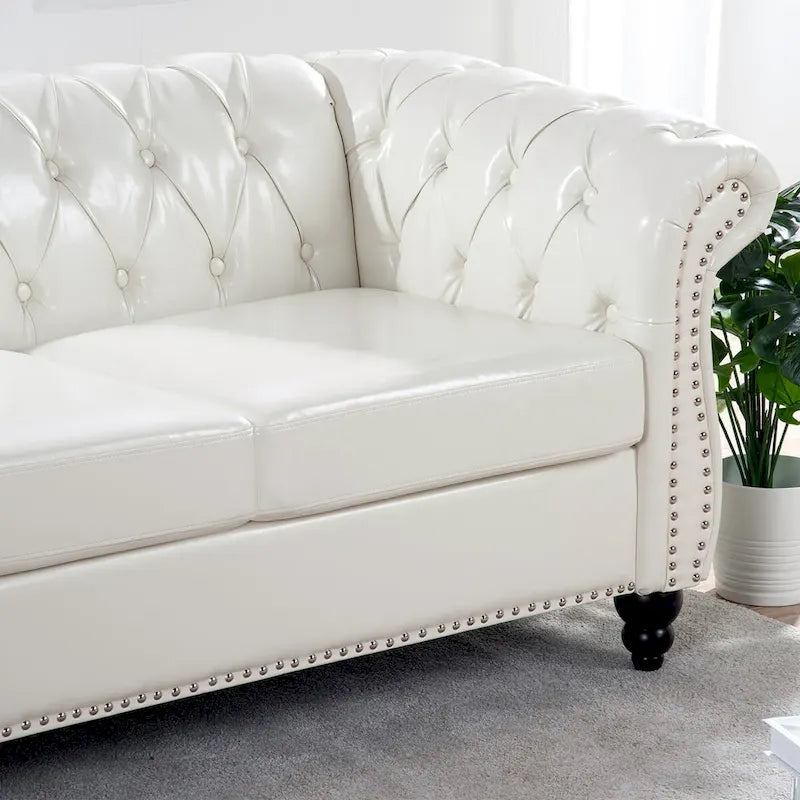 Cream 84.65 Traditional Chesterfield 3-Seater Sofa in PU Leather 14
