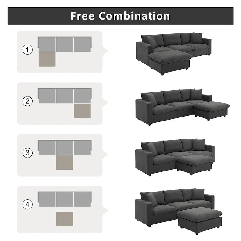 Contemporary L-Shaped Sectional Sofa Set with 2 Complimentary Pillows, 4-Seater Polyester Couch and Convertible Ottoman 2