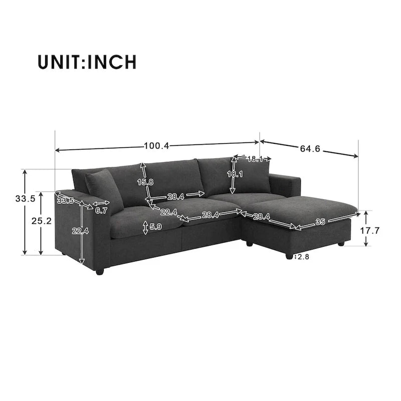 Contemporary L-Shaped Sectional Sofa Set with 2 Complimentary Pillows, 4-Seater Polyester Couch and Convertible Ottoman 3