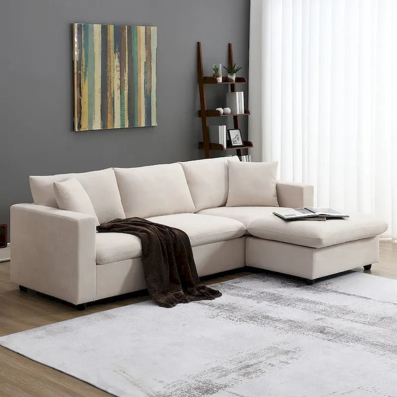 Contemporary L-Shaped Sectional Sofa Set with 2 Complimentary Pillows, 4-Seater Polyester Couch and Convertible Ottoman 4