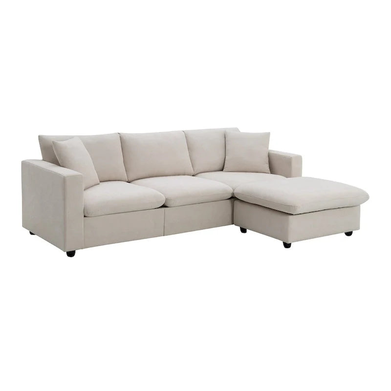 Contemporary L-Shaped Sectional Sofa Set with 2 Complimentary Pillows, 4-Seater Polyester Couch and Convertible Ottoman 6