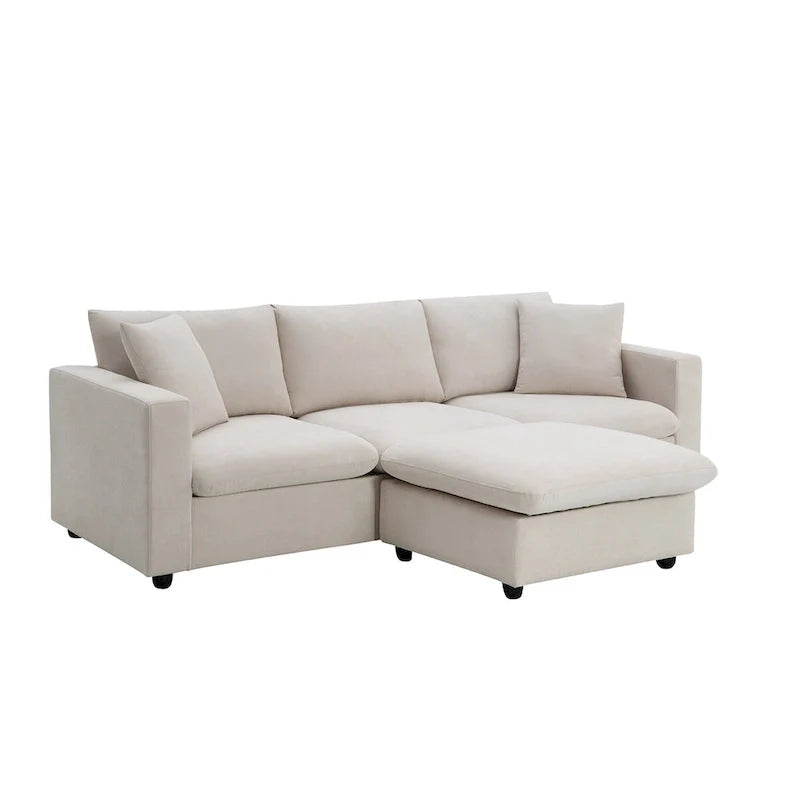 Contemporary L-Shaped Sectional Sofa Set with 2 Complimentary Pillows, 4-Seater Polyester Couch and Convertible Ottoman 7