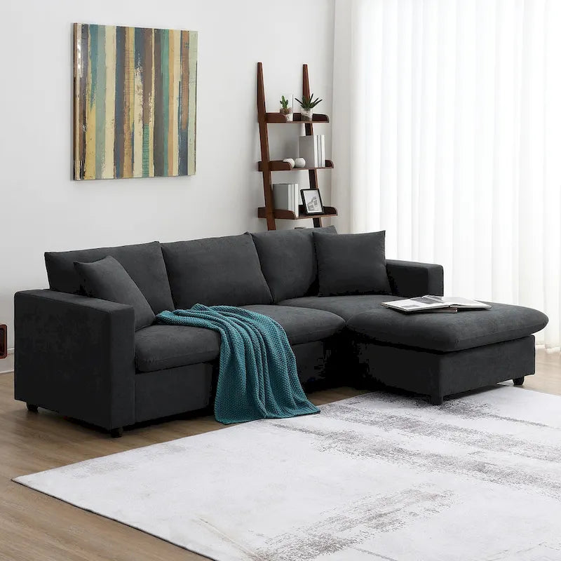 Contemporary L-Shaped Sectional Sofa Set with 2 Complimentary Pillows, 4-Seater Polyester Couch and Convertible Ottoman 10