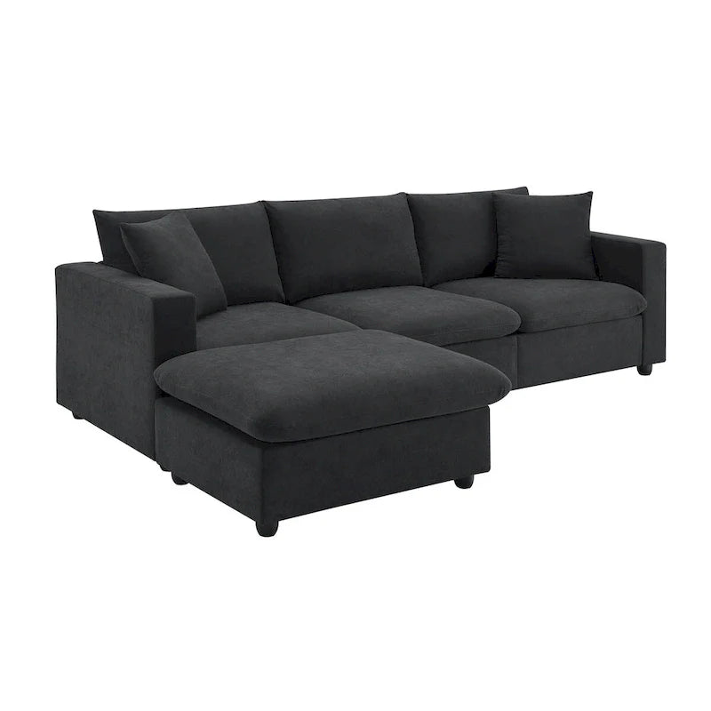 Contemporary L-Shaped Sectional Sofa Set with 2 Complimentary Pillows, 4-Seater Polyester Couch and Convertible Ottoman 15