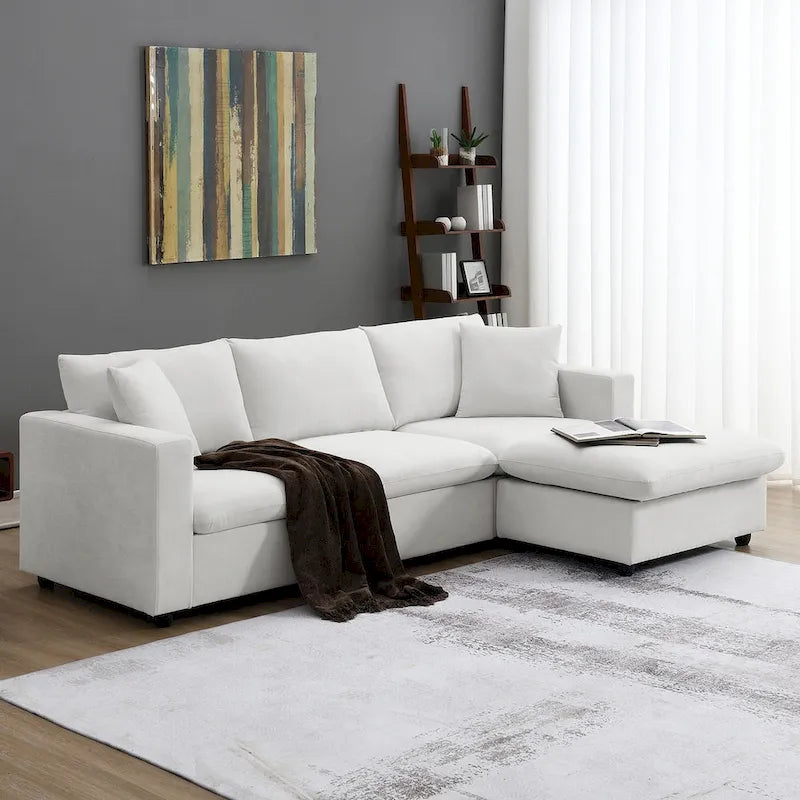 Contemporary L-Shaped Sectional Sofa Set with 2 Complimentary Pillows, 4-Seater Polyester Couch and Convertible Ottoman 17