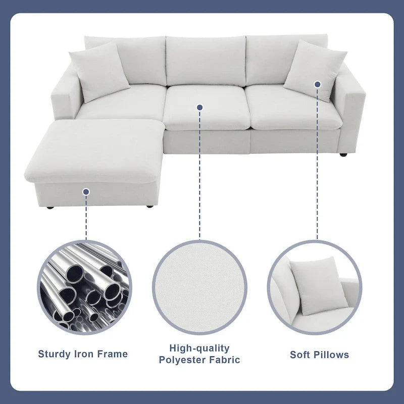 Contemporary L-Shaped Sectional Sofa Set with 2 Complimentary Pillows, 4-Seater Polyester Couch and Convertible Ottoman 22
