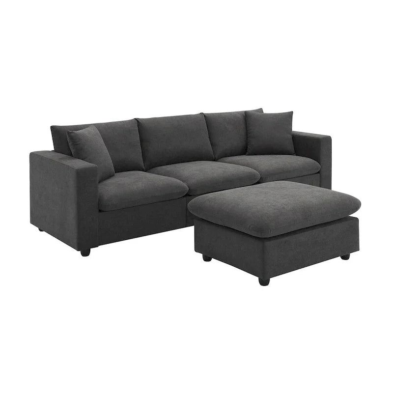 Contemporary L-Shaped Sectional Sofa Set with 2 Complimentary Pillows, 4-Seater Polyester Couch and Convertible Ottoman 24