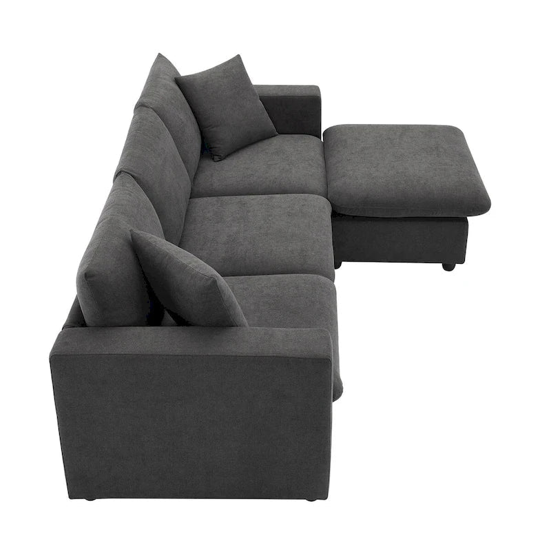 Contemporary L-Shaped Sectional Sofa Set with 2 Complimentary Pillows, 4-Seater Polyester Couch and Convertible Ottoman 25