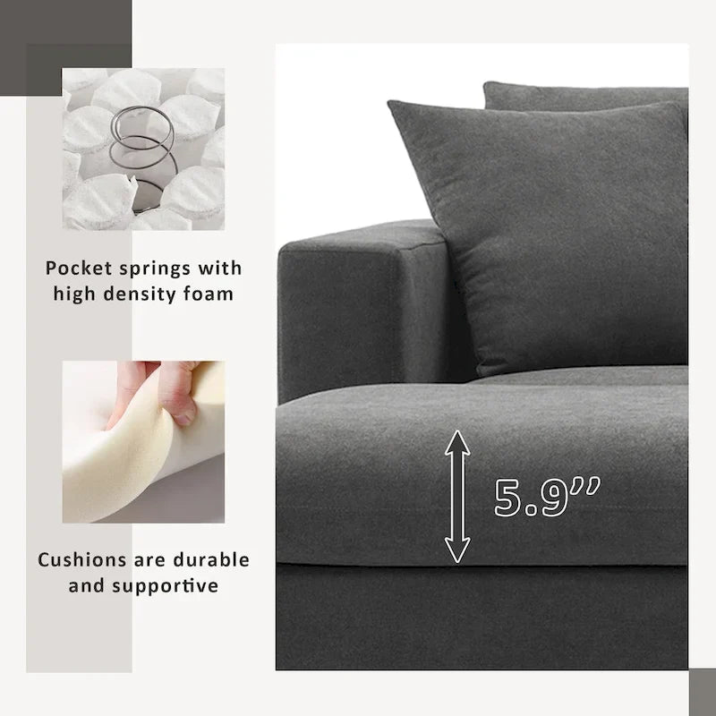 Contemporary L-Shaped Sectional Sofa Set with 2 Complimentary Pillows, 4-Seater Polyester Couch and Convertible Ottoman 27