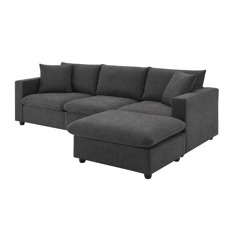 Contemporary L-Shaped Sectional Sofa Set with 2 Complimentary Pillows, 4-Seater Polyester Couch and Convertible Ottoman 30
