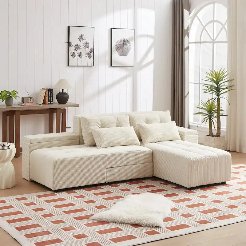 Beige Modular Corduroy Sleeper Sofa and Sectional Set - Versatile 3-in-1 Design 10