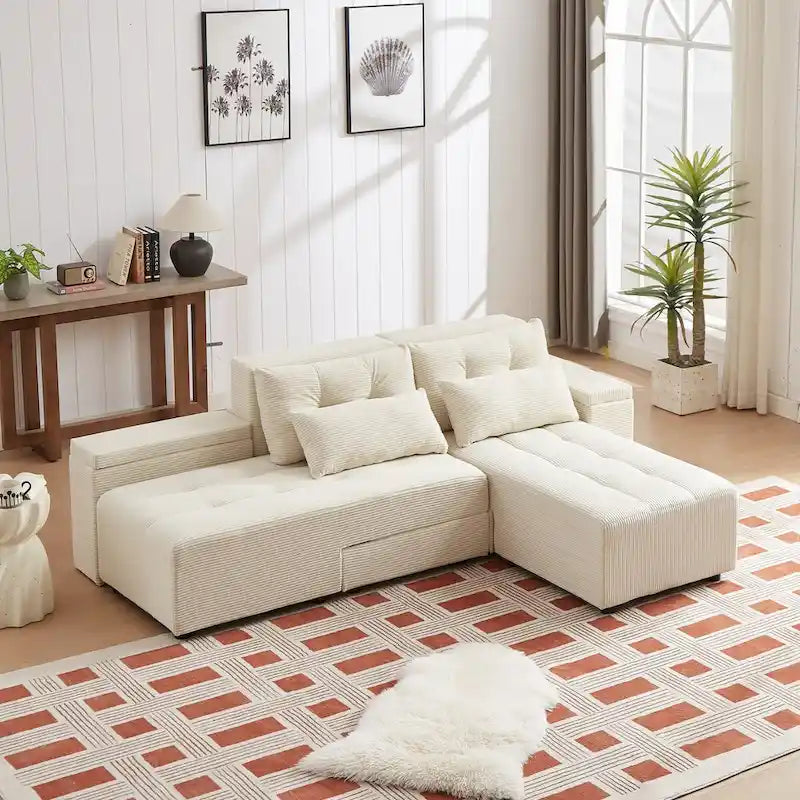 Beige Modular Corduroy Sleeper Sofa and Sectional Set - Versatile 3-in-1 Design 2