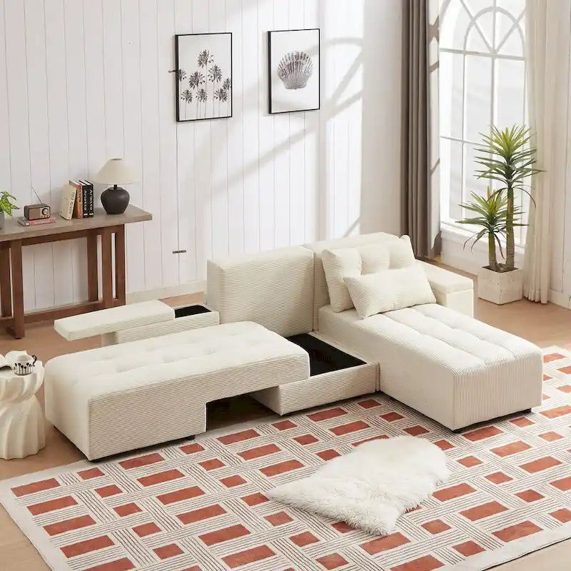 Beige Modular Corduroy Sleeper Sofa and Sectional Set - Versatile 3-in-1 Design 4