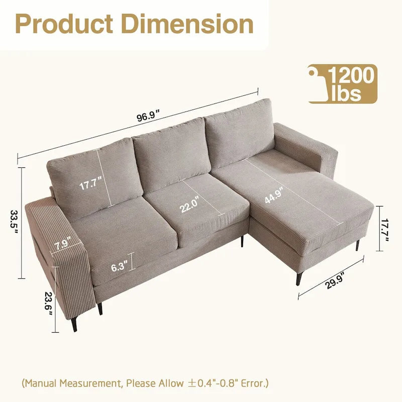 HOOOWOOO L-Shaped Upholstered Sofa with Stylish Metal Legs 24