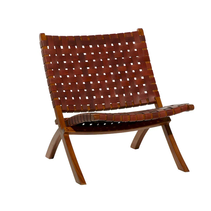 Woven Leather Folding Chair with Brown Wood Frame - Available in Black or Brown - Roche River Decor 12