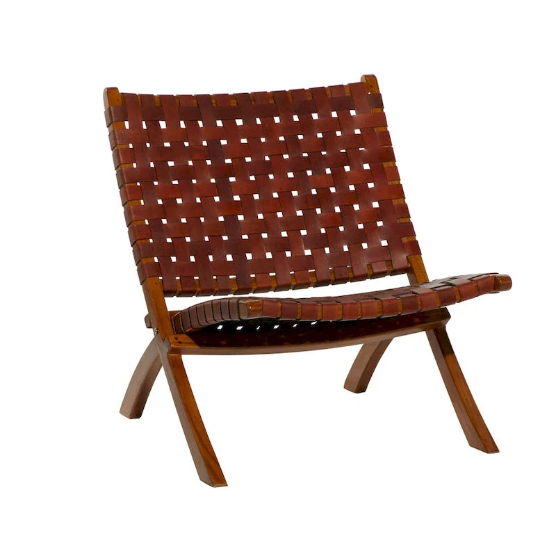 Woven Leather Folding Chair with Brown Wood Frame - Available in Black or Brown - Roche River Decor 1
