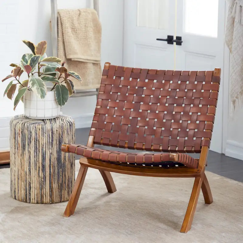 Woven Leather Folding Chair with Brown Wood Frame - Available in Black or Brown - Roche River Decor 2