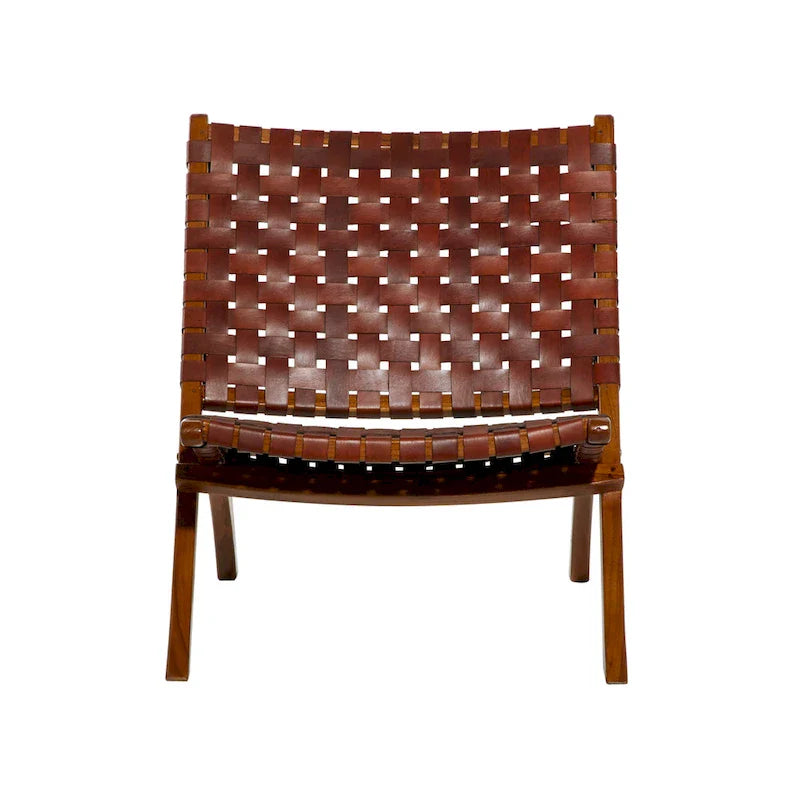 Woven Leather Folding Chair with Brown Wood Frame - Available in Black or Brown - Roche River Decor 3