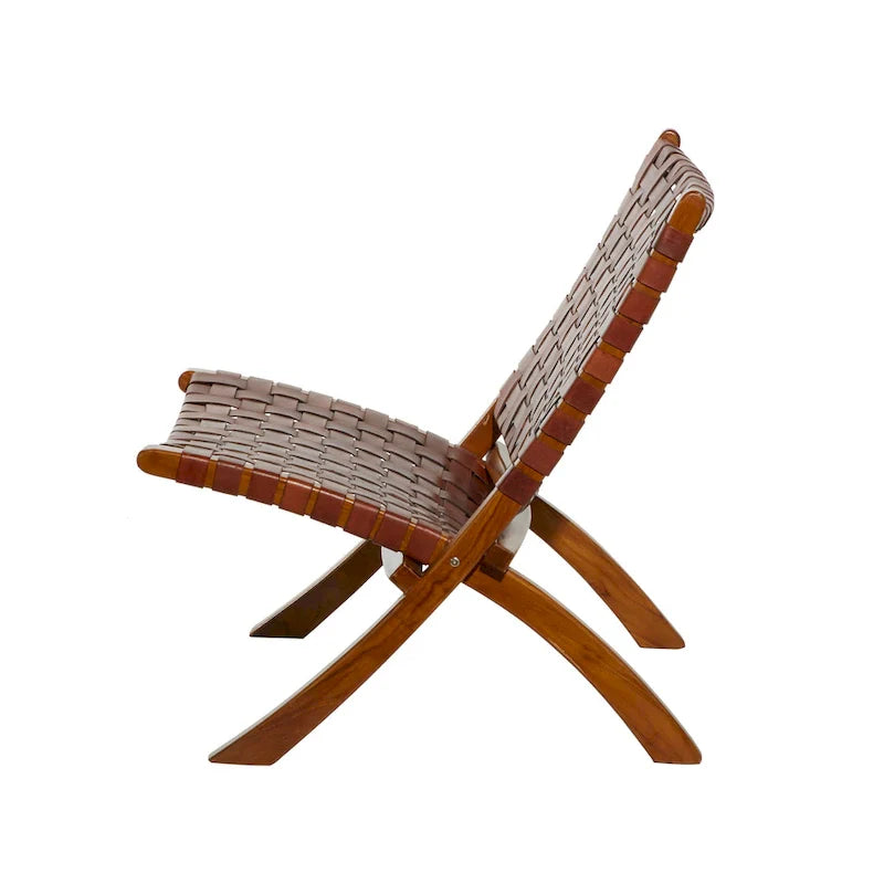 Woven Leather Folding Chair with Brown Wood Frame - Available in Black or Brown - Roche River Decor 4