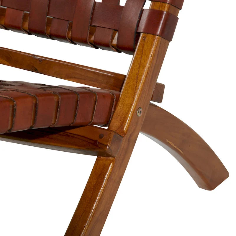Woven Leather Folding Chair with Brown Wood Frame - Available in Black or Brown - Roche River Decor 5