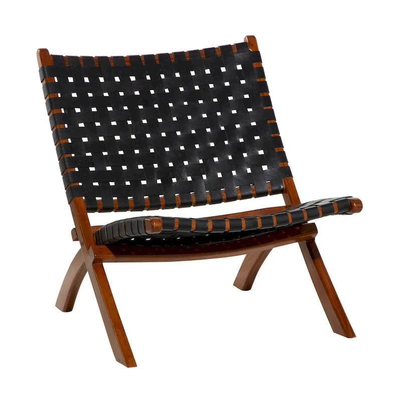 Woven Leather Folding Chair with Brown Wood Frame - Available in Black or Brown - Roche River Decor 6