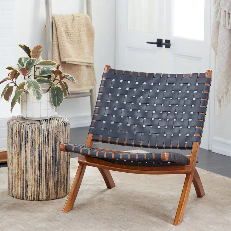 Woven Leather Folding Chair with Brown Wood Frame - Available in Black or Brown - Roche River Decor 7