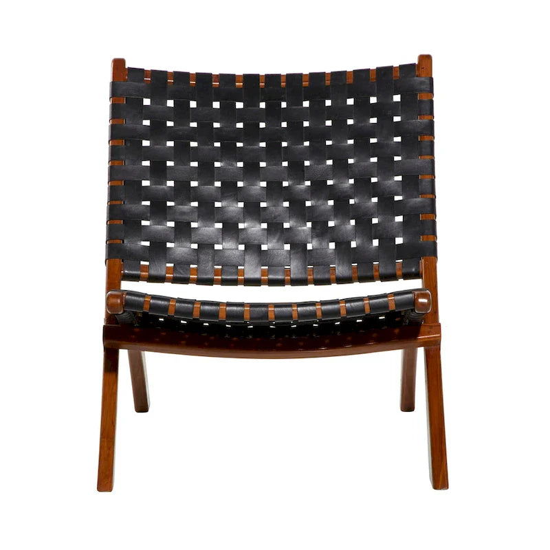 Woven Leather Folding Chair with Brown Wood Frame - Available in Black or Brown - Roche River Decor 8