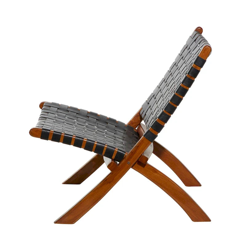 Woven Leather Folding Chair with Brown Wood Frame - Available in Black or Brown - Roche River Decor 9