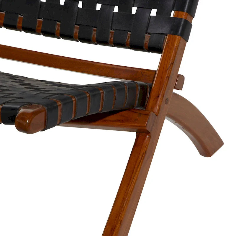 Woven Leather Folding Chair with Brown Wood Frame - Available in Black or Brown - Roche River Decor 10