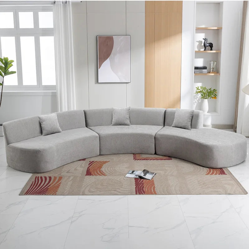 136-Inch Elegant Curved Chenille Sectional Sofa with Three Throw Pillows for Living Room 26