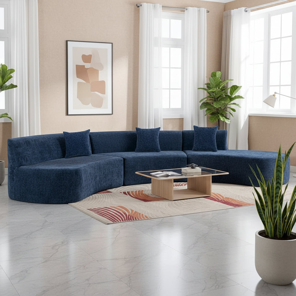 136-Inch Elegant Curved Chenille Sectional Sofa with Three Throw Pillows for Living Room 2