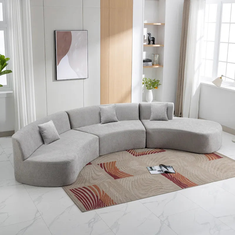 136-Inch Elegant Curved Chenille Sectional Sofa with Three Throw Pillows for Living Room 3