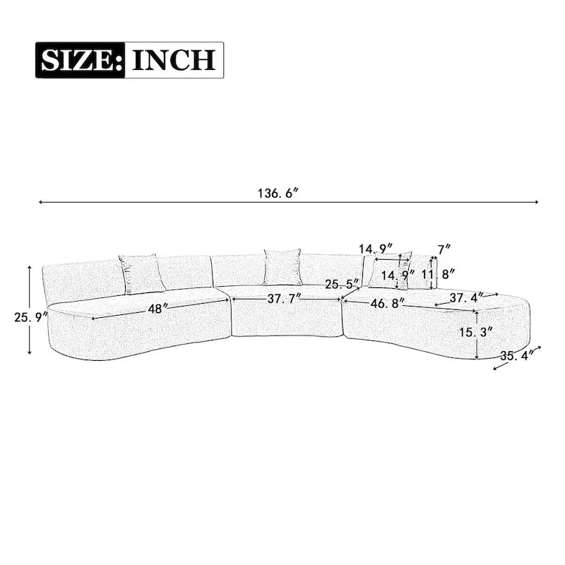 136-Inch Elegant Curved Chenille Sectional Sofa with Three Throw Pillows for Living Room 4