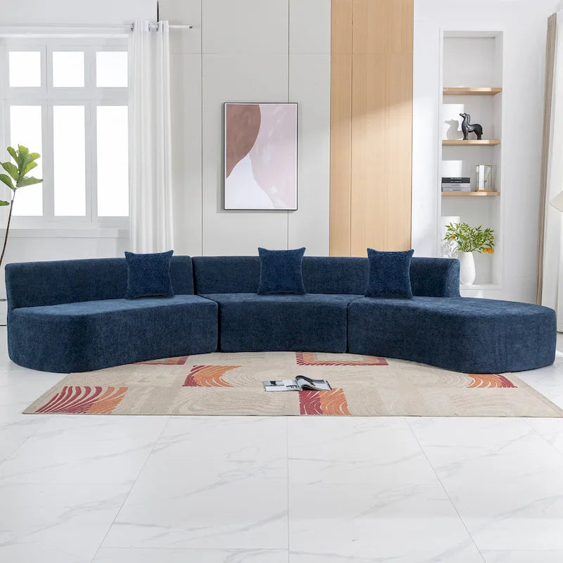 136-Inch Elegant Curved Chenille Sectional Sofa with Three Throw Pillows for Living Room 7