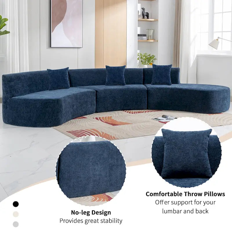 136-Inch Elegant Curved Chenille Sectional Sofa with Three Throw Pillows for Living Room 8