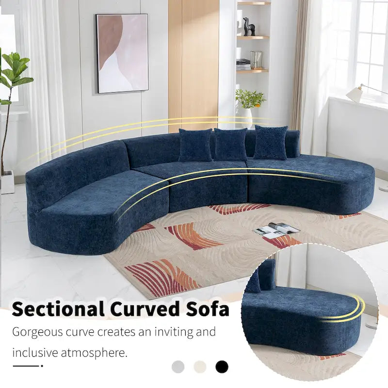 136-Inch Elegant Curved Chenille Sectional Sofa with Three Throw Pillows for Living Room 9