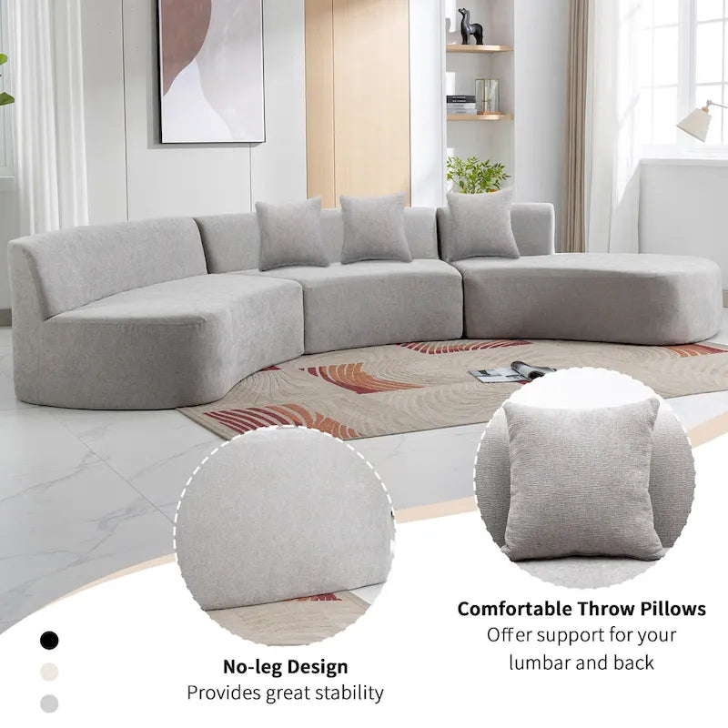 136-Inch Elegant Curved Chenille Sectional Sofa with Three Throw Pillows for Living Room 15