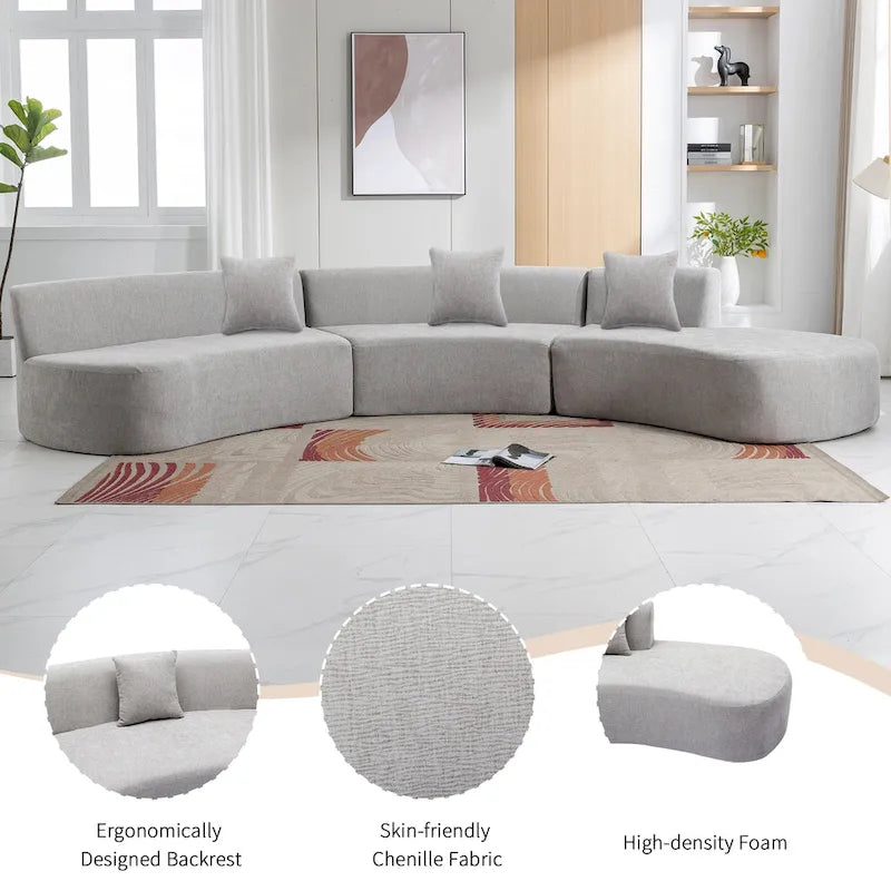 136-Inch Elegant Curved Chenille Sectional Sofa with Three Throw Pillows for Living Room 18
