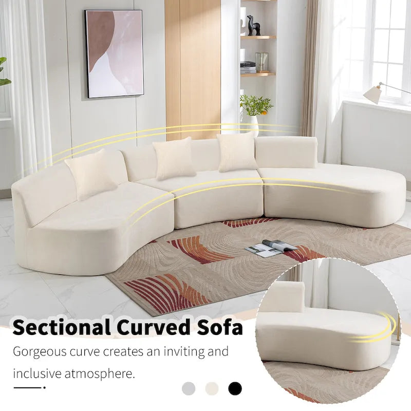 136-Inch Elegant Curved Chenille Sectional Sofa with Three Throw Pillows for Living Room 23
