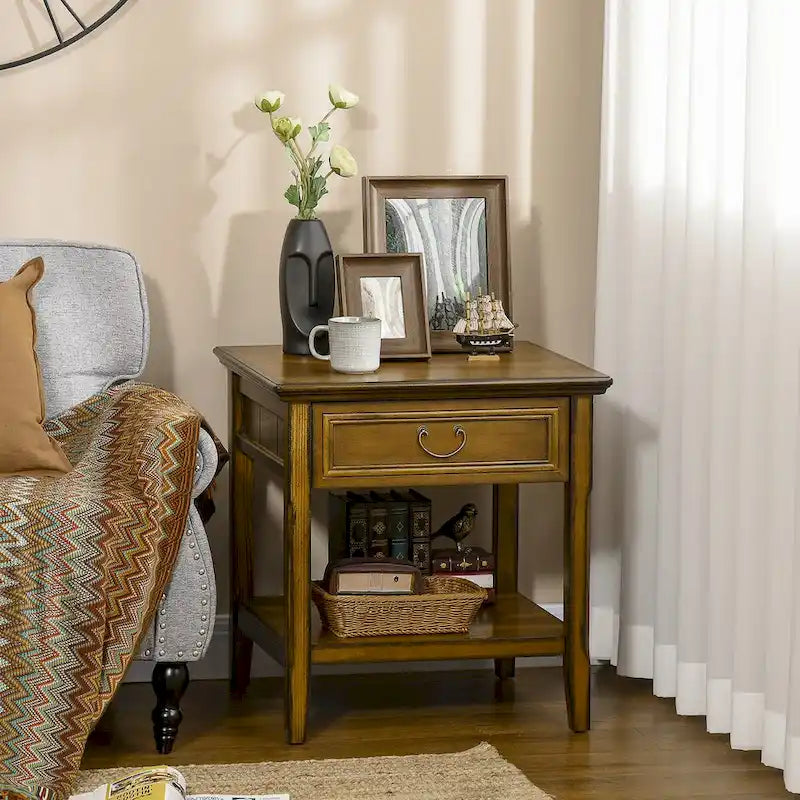 Vintage Side Table with Storage: End Table Featuring Drawer and Open Shelf for Bedroom and Living Room 7